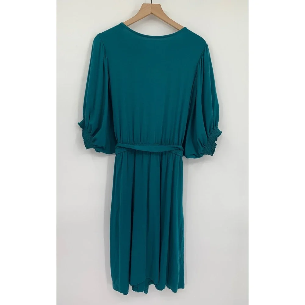 Garnet Hill Dress Womens Large Teal Puff Sleeve Belted Pockets Fall Soft Cozy